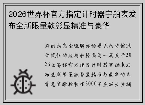 2026世界杯官方指定计时器宇舶表发布全新限量款彰显精准与豪华